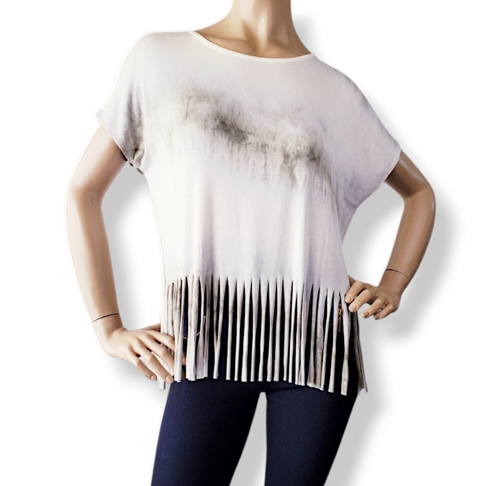 Hi-Beam Green & White Tie Dye Fringe Hem Top Size Medium